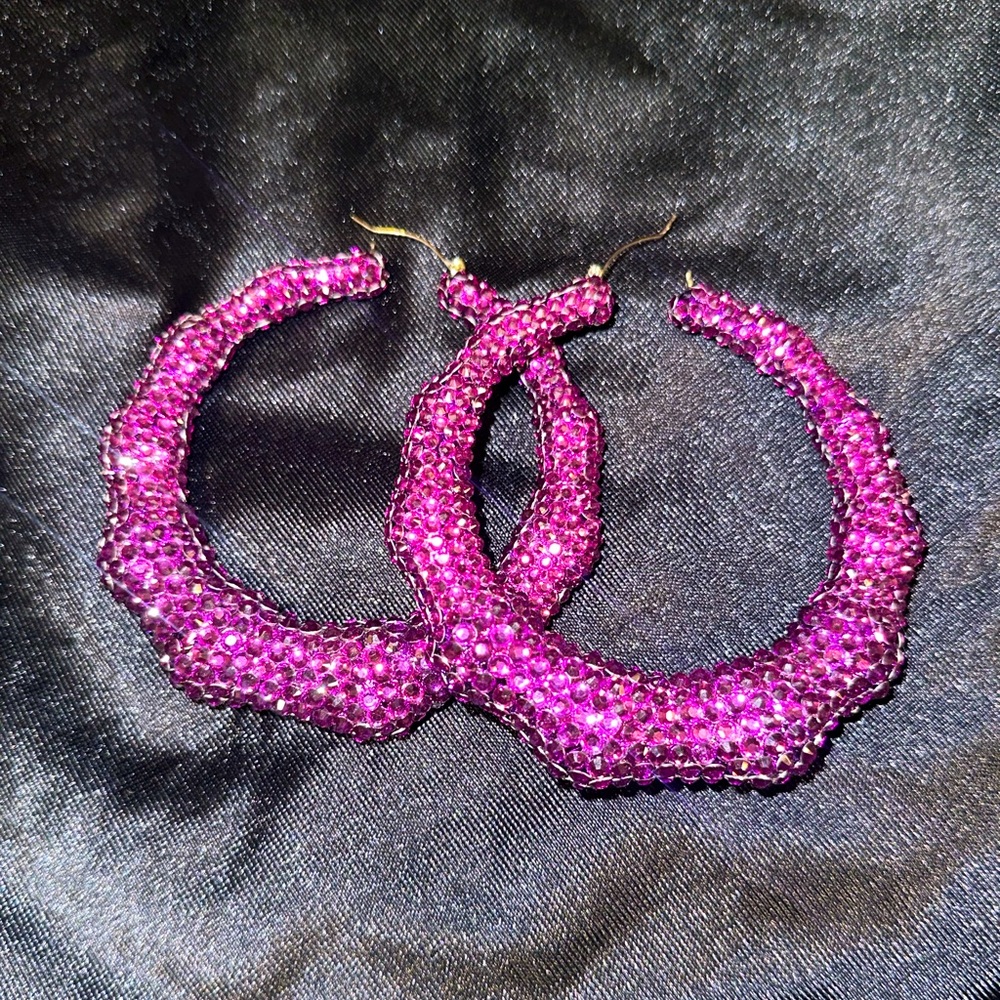 Elegant Purple Crystal Hoop Bamboo Doorknocker Earrings, NWOT